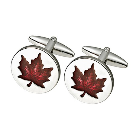 Round Red Maple Leaf Steel Cufflinks - SC85 - Click Image to Close